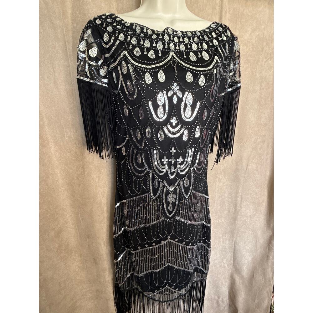 Unique Vintage Black & Silver Sequin Fringe Sleeved Laure Flapper Dress M NWOT - Picture 7 of 10